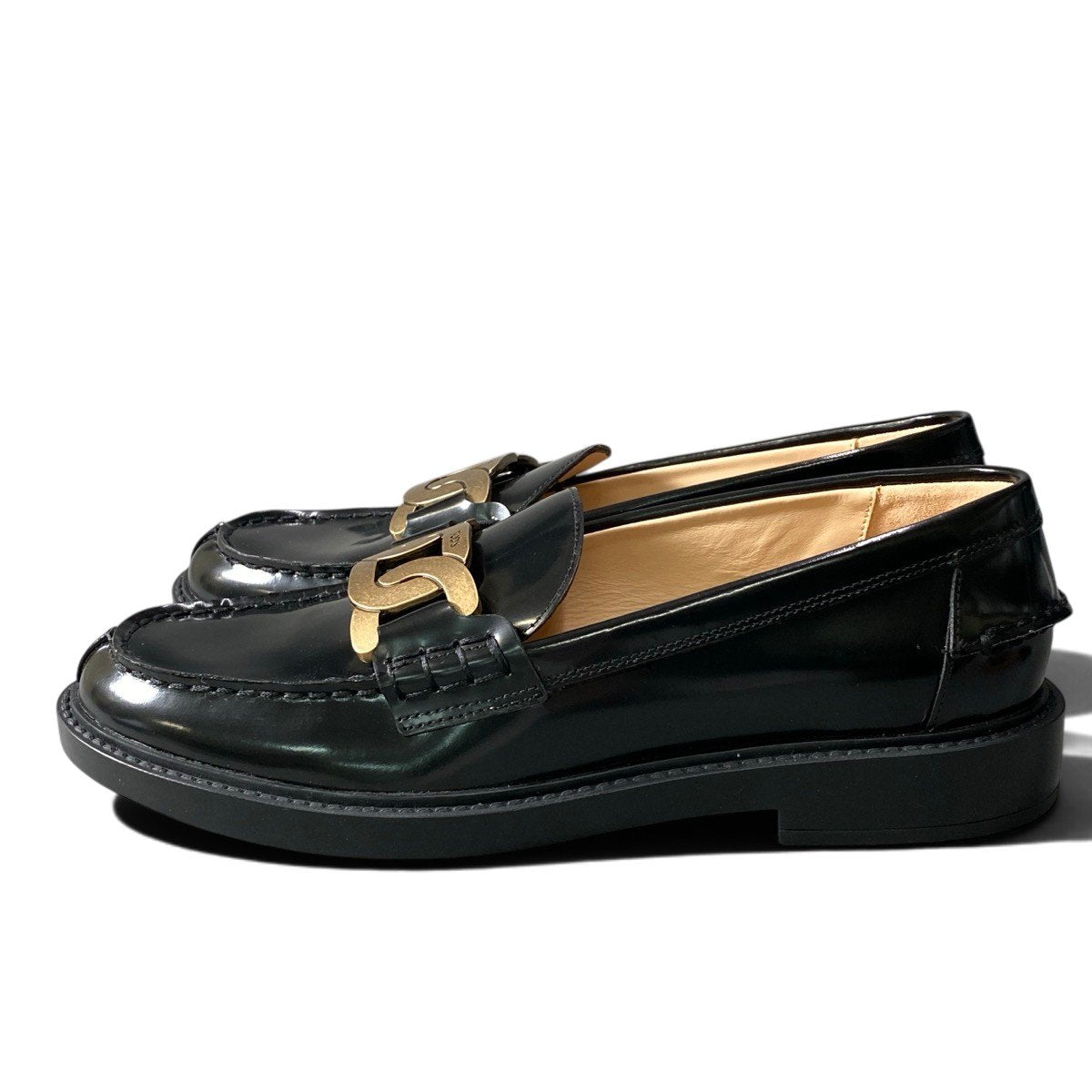 g31 TOD’S ケイト レザー ローファー チェーンモチーフ イタリア製 38サイズ ブラック レザー レディース 女性用k02i