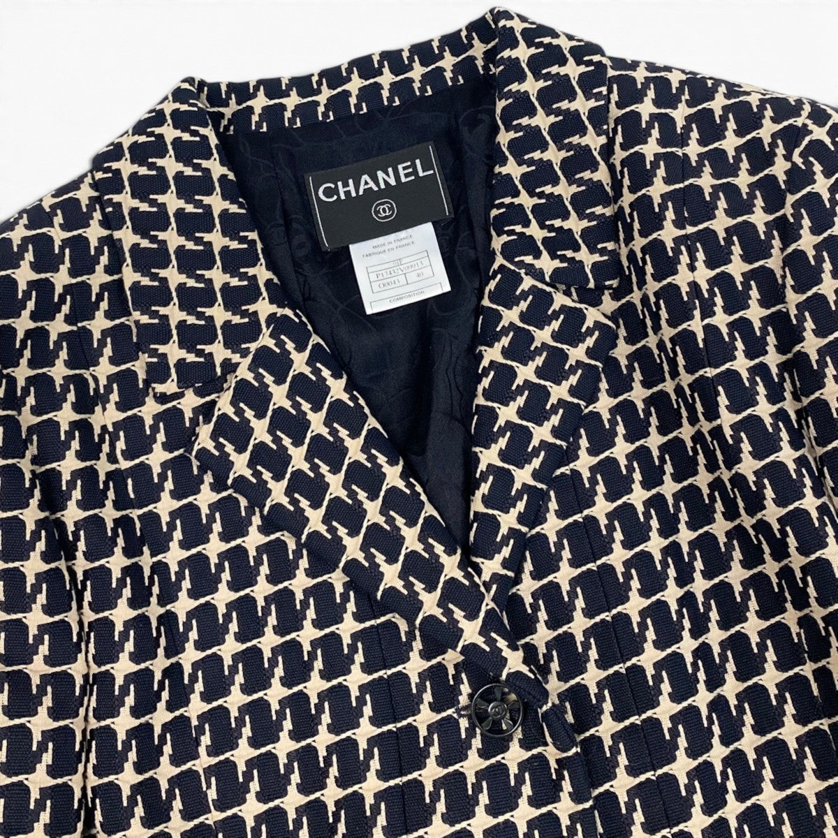 i22 CHANEL シャネル 01P CCボタン 千鳥格子 テーラードジャケット CC Button Houndstooth Blazer P17432 40 ネイビーt18r