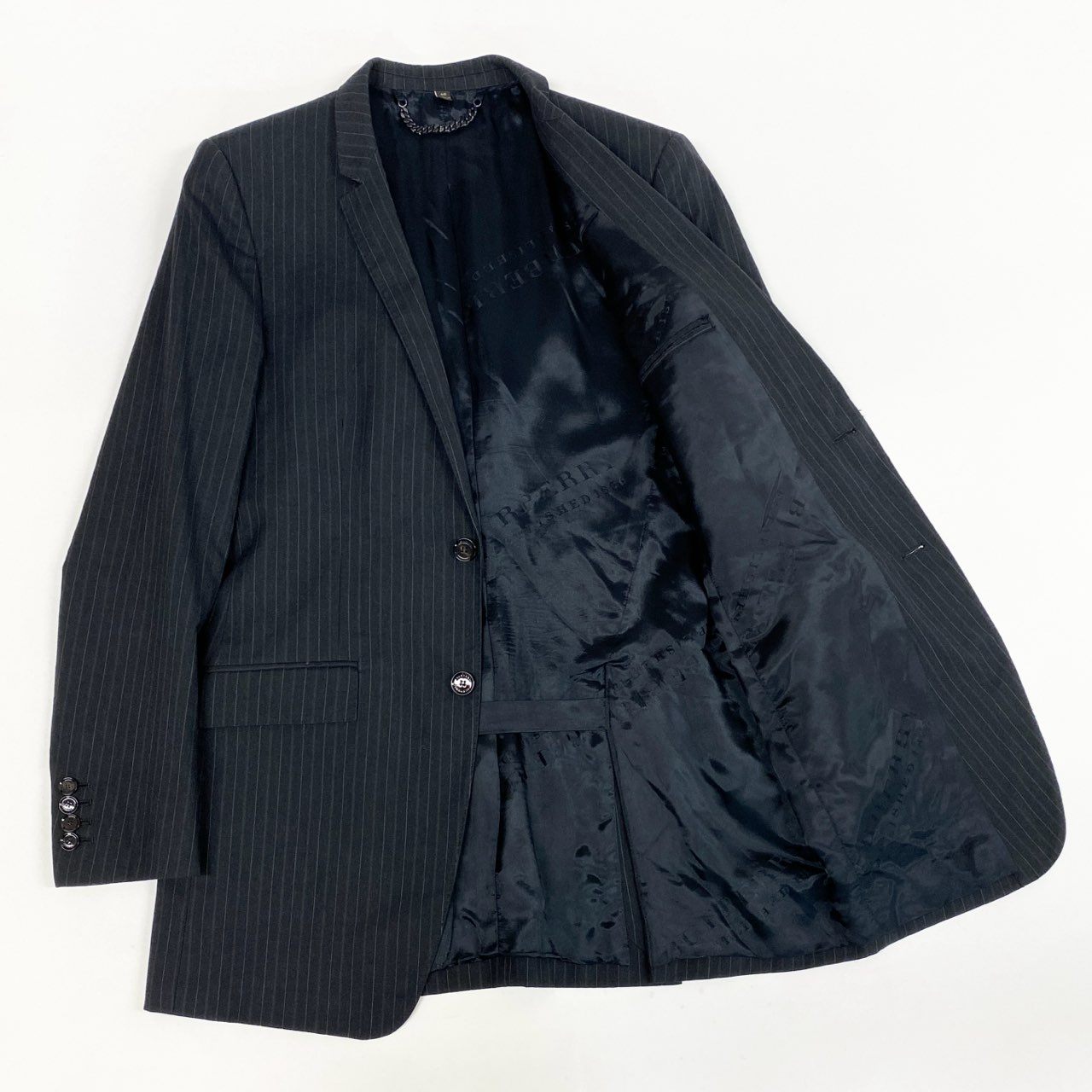 68L11 BURBERRY バーバリー イタリア製 コレクションライン シングルスーツ セットアップ 裏地ロゴ総柄 46 ブラック ストライプ ウール メンズ 男性用u02t