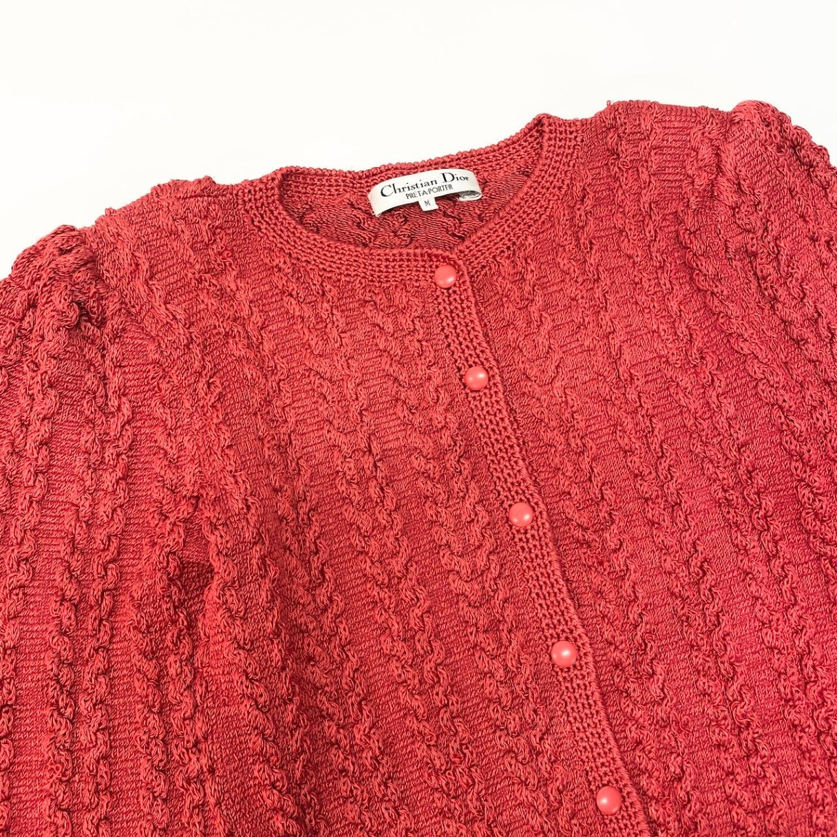 31c16 Christian Dior クリスチャンディオール ロングスリーブカーディガン パフスリーブ バルーンスリーブ Mサイズ レッド コットン100％ レディース 女性用o07t