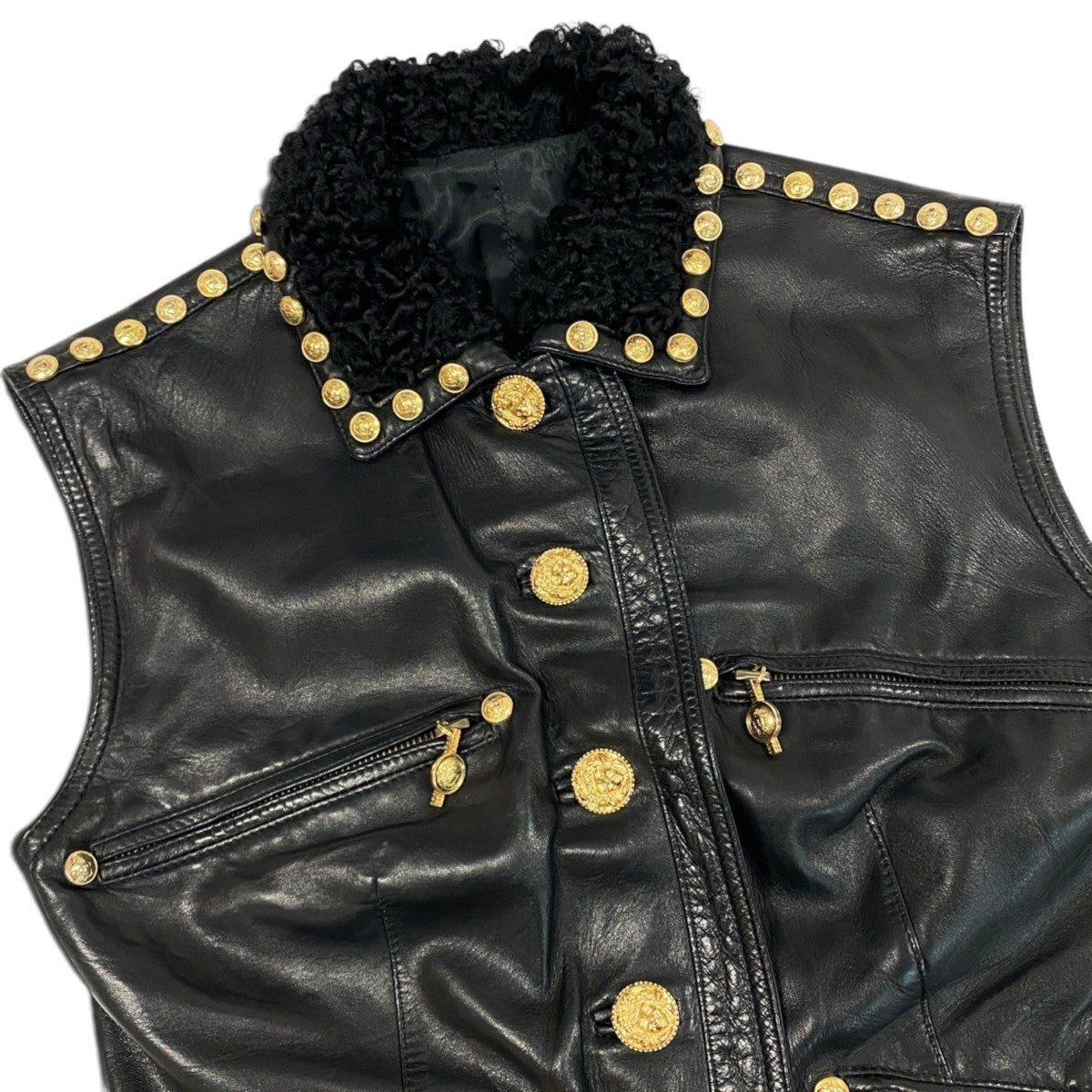 h31 GIANNI VERSACE ジャンニヴェルサーチ メデューサボタン レザーベスト ムートン襟 ブラック レザーu02t
