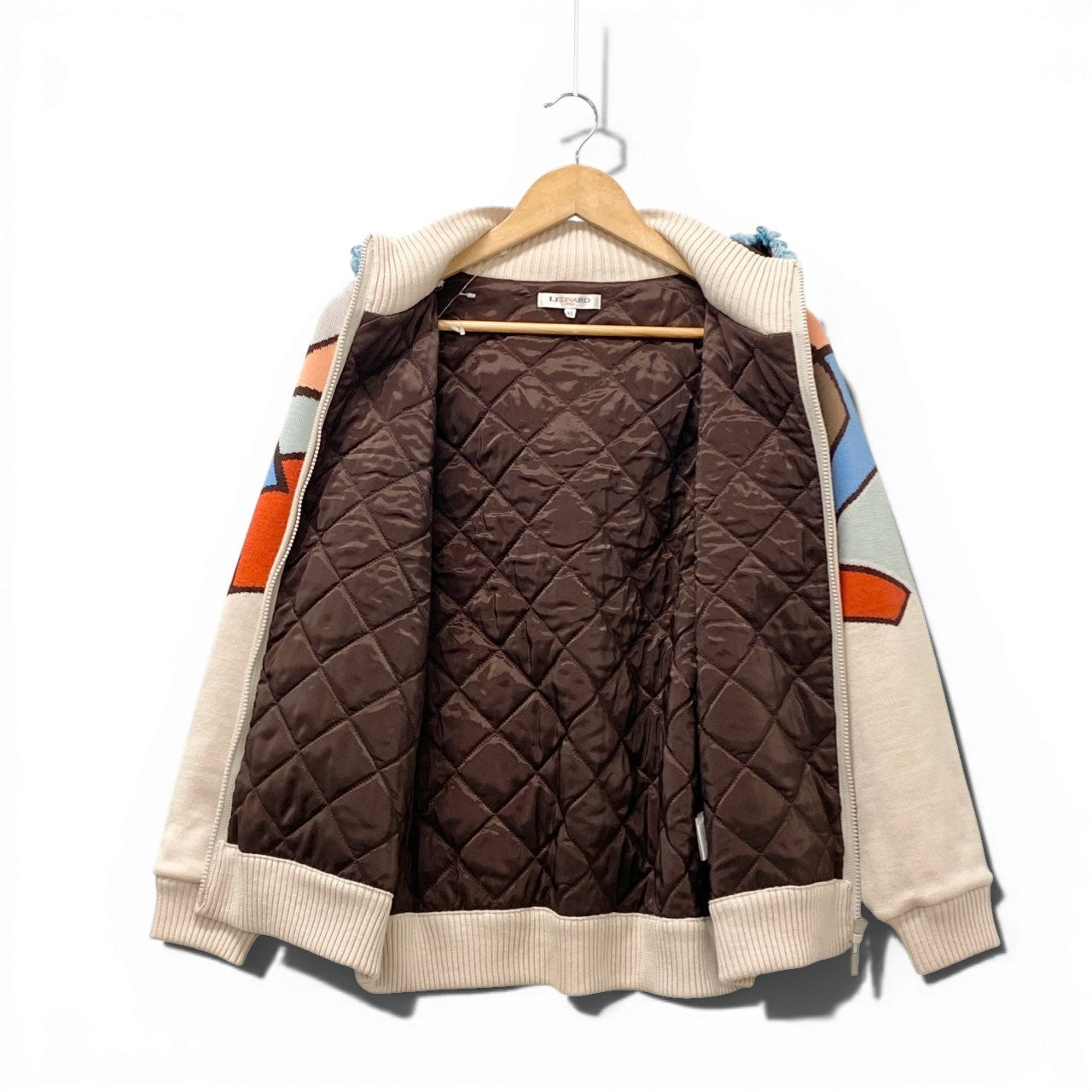 19b13 LEONARD SPORT レオナール スポーツ ジップアップニットフーディー ジャケット 花柄刺繍 フード取り外し可 0527752 42サイズ マルチカラー ウール100％ レディース 女性用u02t