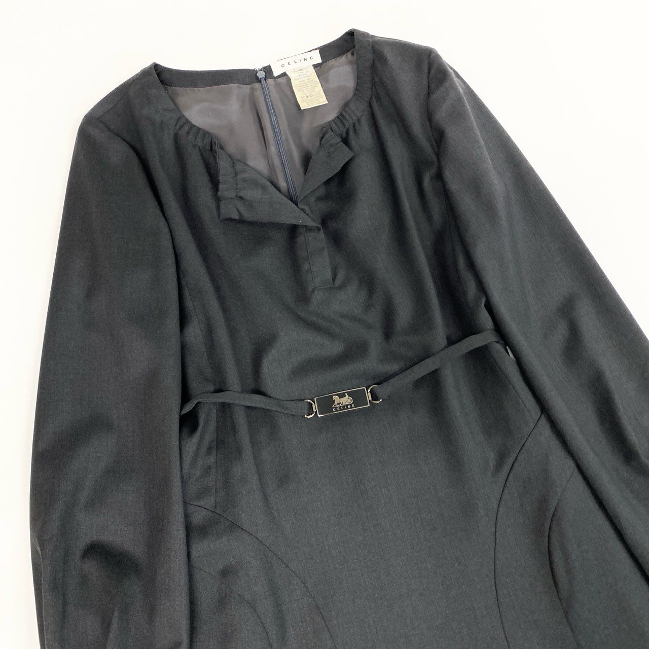 31b12 CELINE セリーヌ 馬車ベルト付き Aラインワンピース サイズ38 グレー Vintage Dress ドレス フランス製t18r