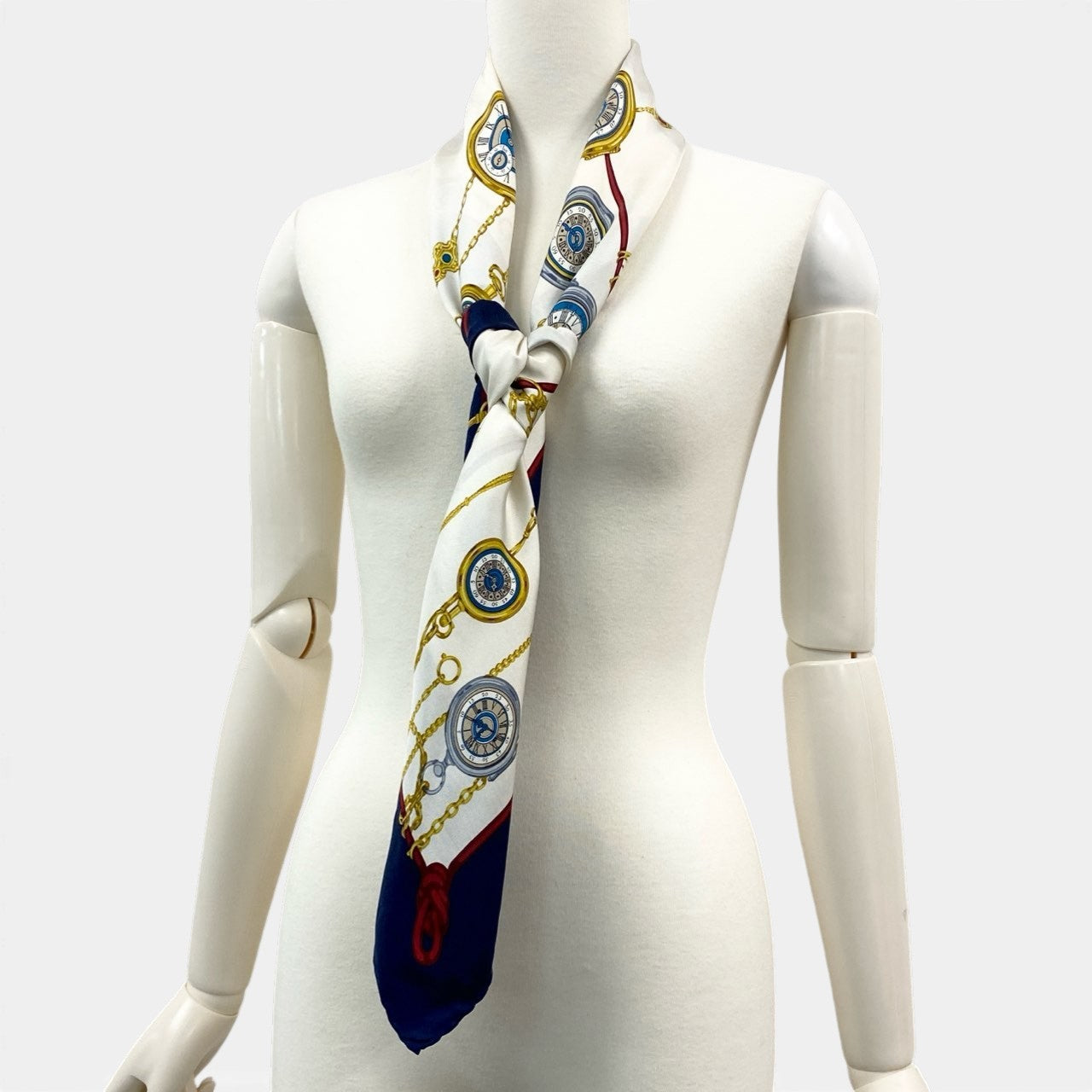 b20 GUCCI グッチ Pocket Watch Silk Scarf 懐中時計柄 スカーフ ネイビー ホワイト シルク100％ イタリア製t18r