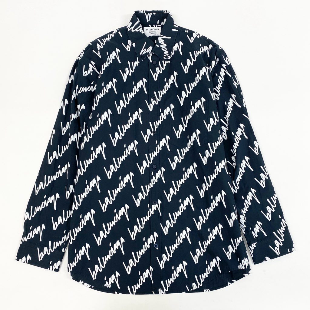 13l27【美品】BALENCIAGA バレンシアガ 長袖シャツ コットンシャツ 総柄 32サイズ ネイビー ホワイト コットン100％ ユニセックスk02i
