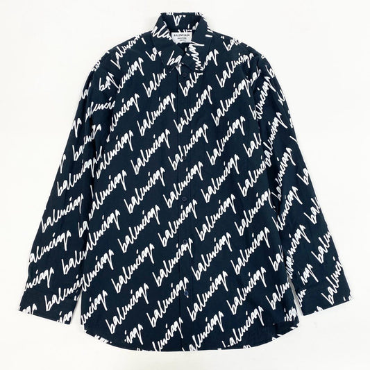 13l27【美品】BALENCIAGA バレンシアガ 長袖シャツ コットンシャツ 総柄 32サイズ ネイビー ホワイト コットン100％ ユニセックスk02i