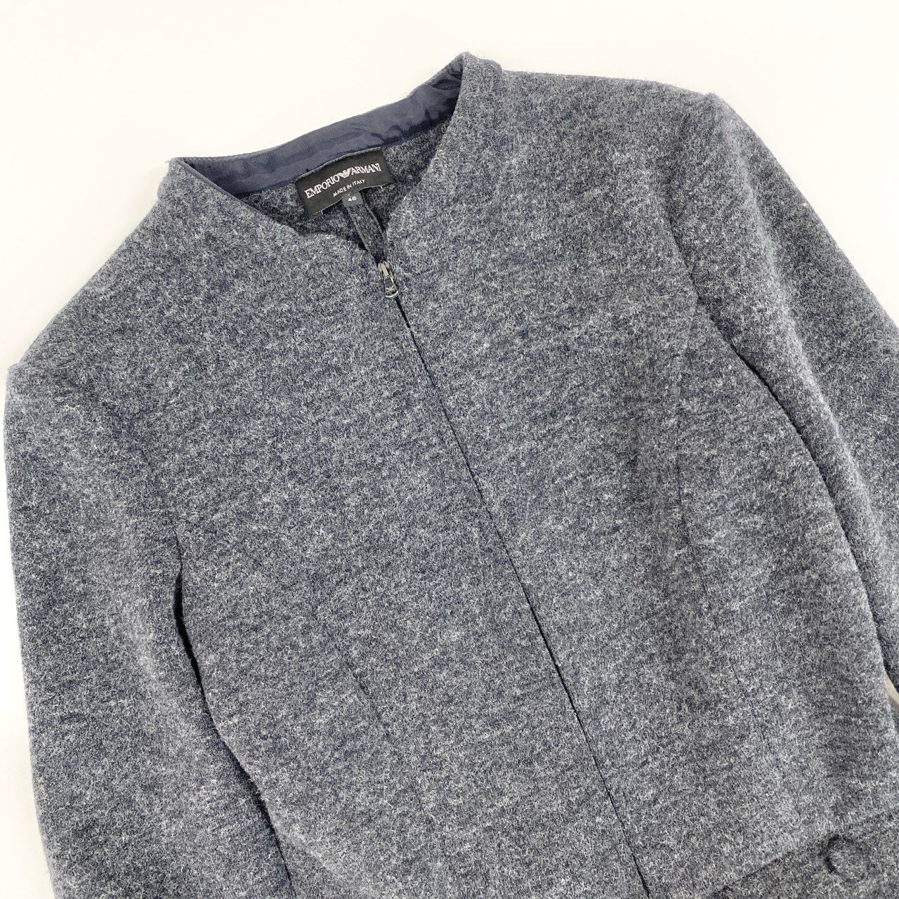 5i12 EMPORIO ARMANI エンポリオアルマーニ ジップアップ ウールジャケット フリルブルゾン 40 グレー レディースu02t