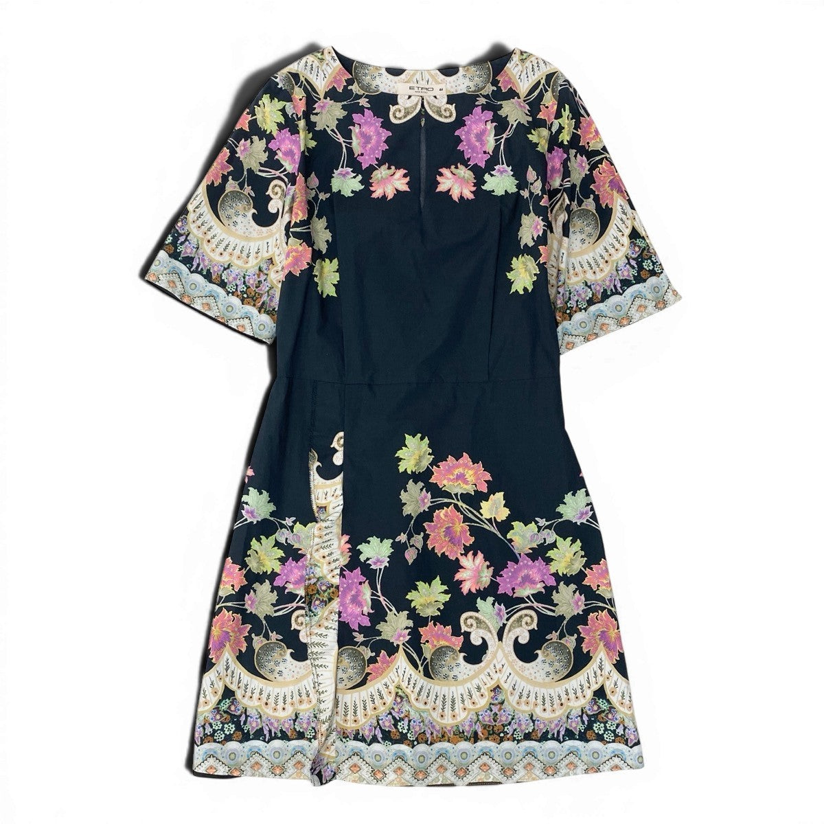28f15 ETRO エトロ 花柄プリント 五分袖ワンピース ドレス 大きいサイズ 44 ブラック マルチカラー コットン レディースo07t