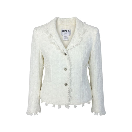 38a15 CHANEL シャネル 2005 カメリアボタン ツイードジャケット 05C Tweed Jacket P24873V15453 42 ホワイト レディースo07t