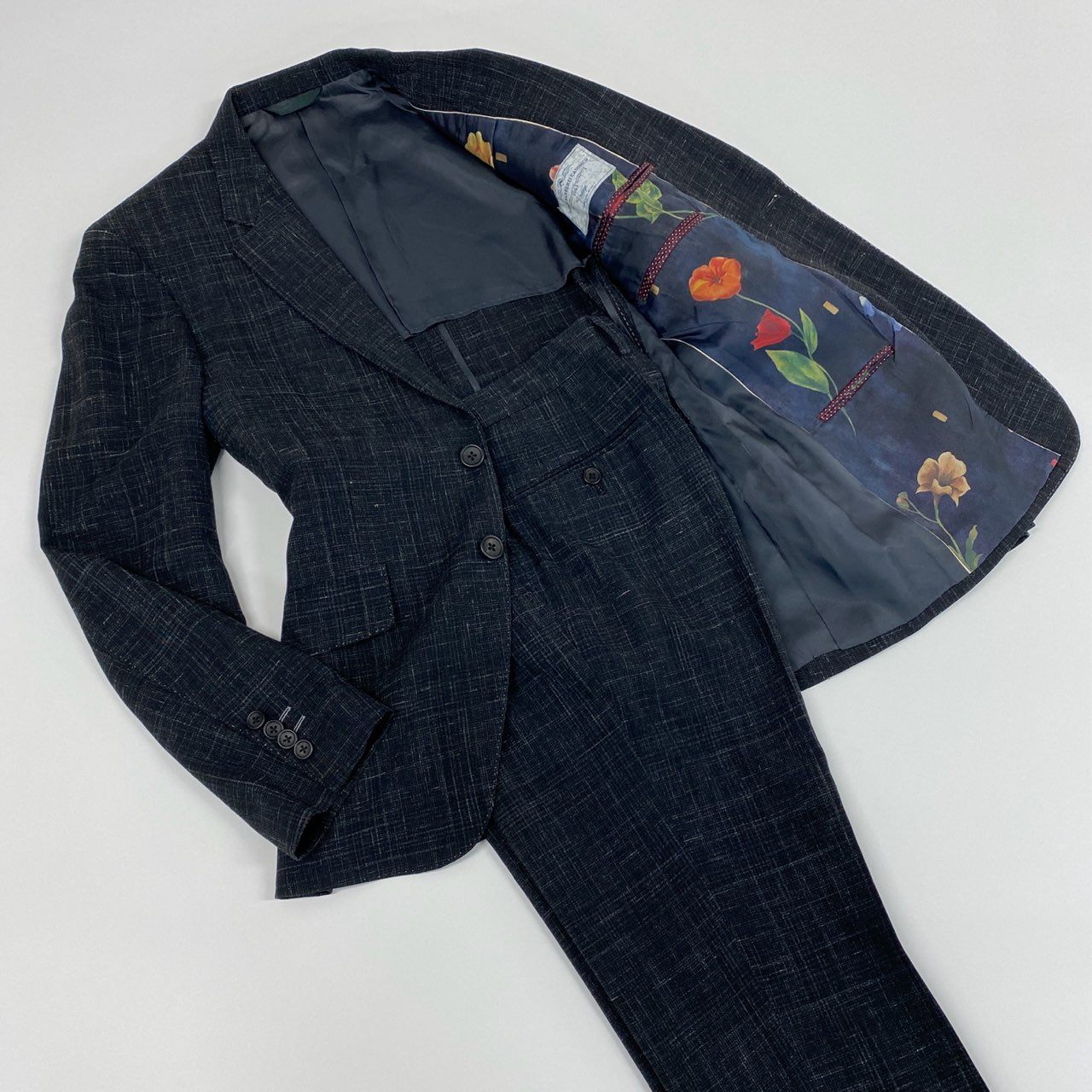 66a8 Paul Smith COLLECTION ポールスミスコレクション 裏地花柄 シングルスーツ セットアップ テーラードジャケット/スラックス サイズM グレー メンズ 紳士服 日本製