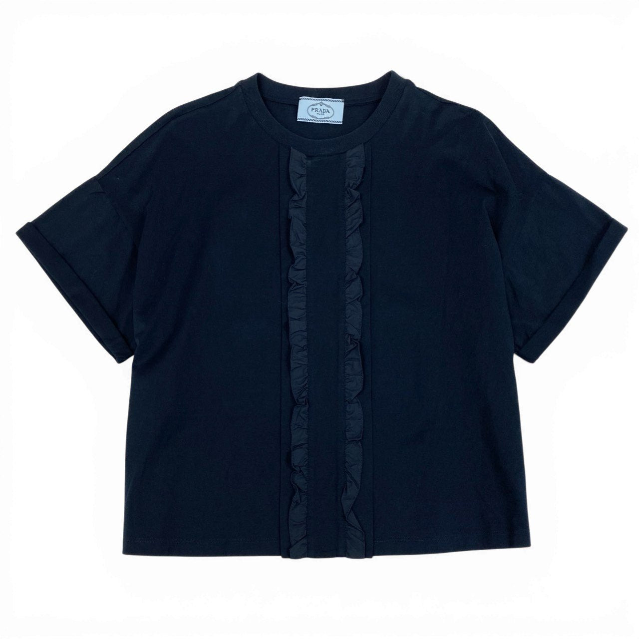 Eb9 PRADA プラダ フリル装飾 半袖カットソー Tシャツ トップス L ネイビー コットン レディースk02i