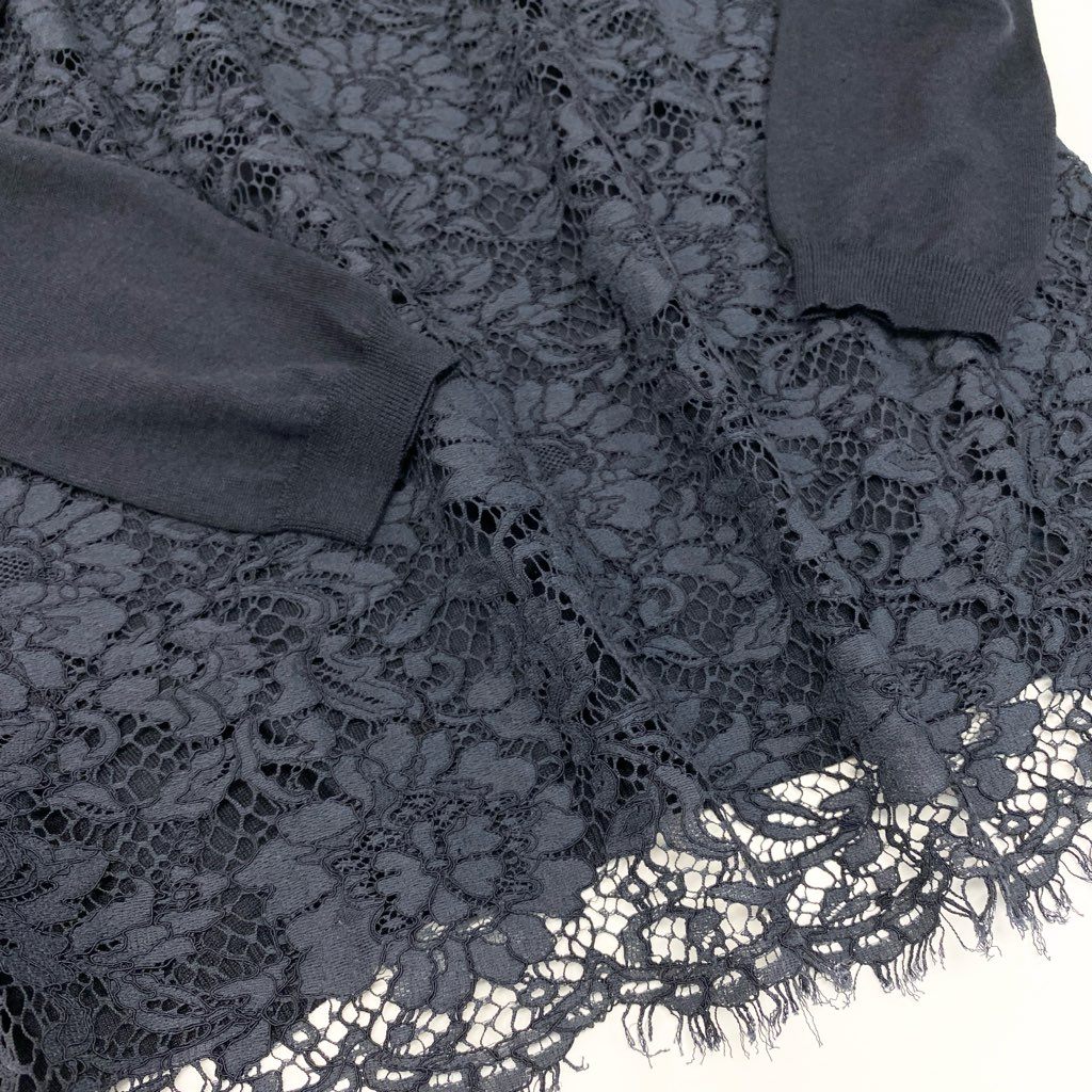 4a9 VALENTINO ヴァレンティノ レースニットワンピース ハイネック ロングスリーブ イタリア製 FBC9A525-VM1394B Lサイズ ネイビー レディースu02t