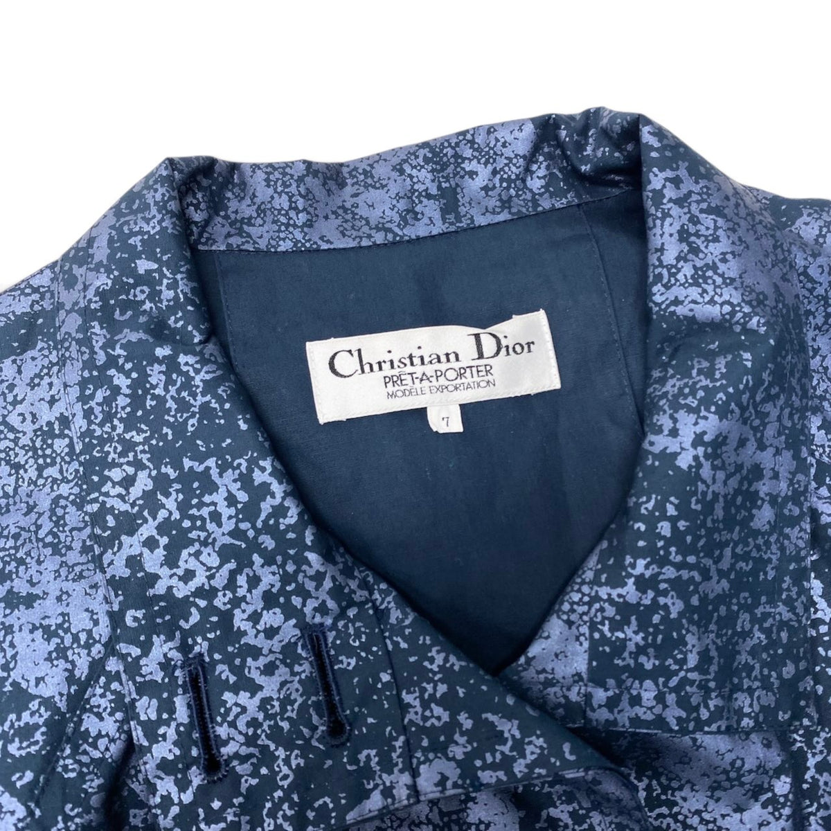 56i16 Christian Dior クリスチャンディオール スタンドカラーコート ロングコート ベルト付 総柄 サイズ7 ネイビー コットン100％ レディースo07t