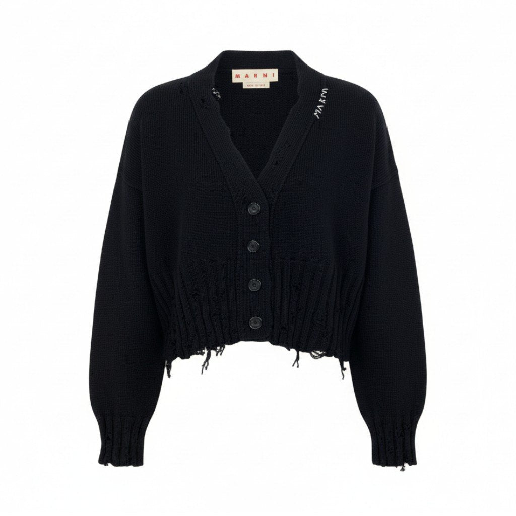 Ib19 【美品】 MARNI マルニ ダメージ クロップド カーディガン ニットカーディガン Vネック 刺繍ロゴ レディース 女性用 CDMD0223A2 UFC652 サイズ40 ブラック コットン100％t18r