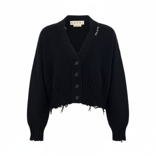 Ib19 【美品】 MARNI マルニ ダメージ クロップド カーディガン ニットカーディガン Vネック 刺繍ロゴ レディース 女性用 CDMD0223A2 UFC652 サイズ40 ブラック コットン100％t18r