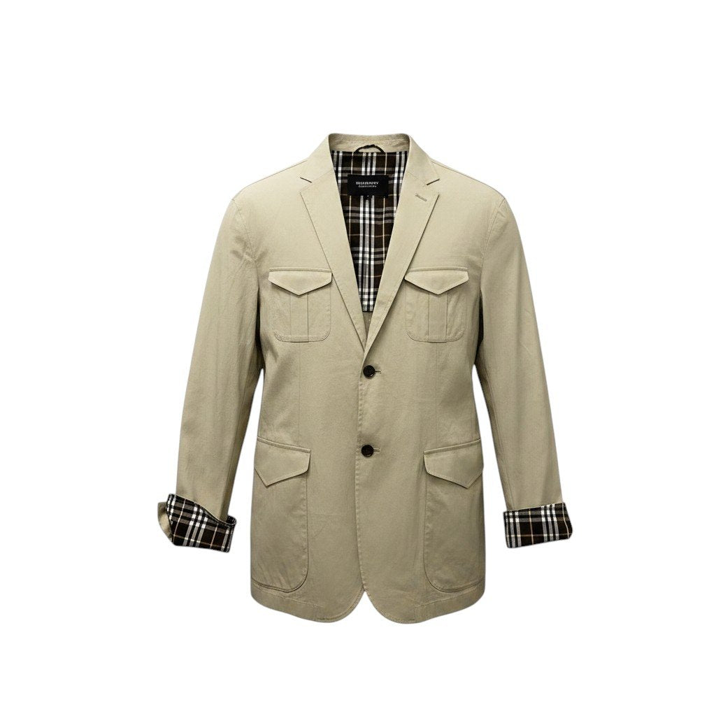77e18 BURBERRY バーバリー テーラードジャケット ブレザー 背抜き 裏地チェック柄 Lサイズ ベージュ コットン メンズo07t
