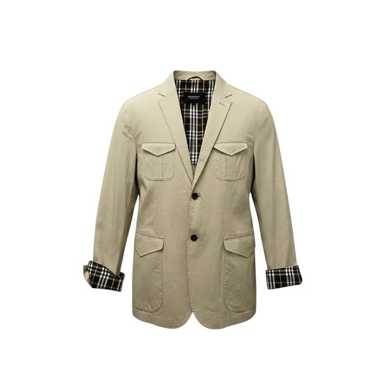 77e18 BURBERRY バーバリー テーラードジャケット ブレザー 背抜き 裏地チェック柄 Lサイズ ベージュ コットン メンズo07t