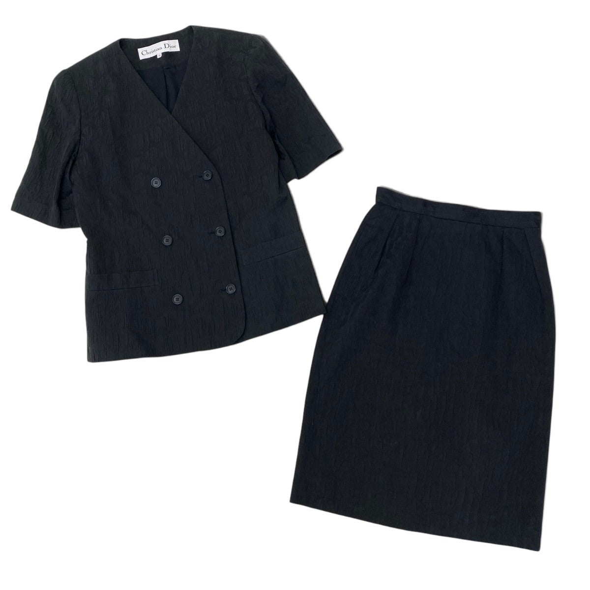 76i2 Christian Dior クリスチャンディオール セットアップ スカートスーツ ノーカラー 半袖ジャケット ダブルブレスト サイズ9 ブラック レディースo07t