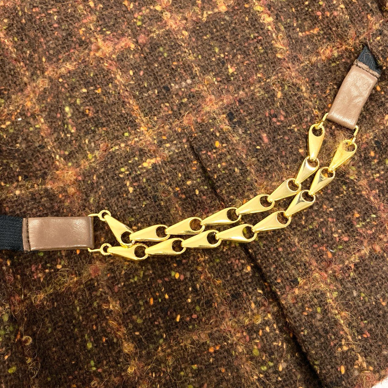 82a29 Vintage CELINE セリーヌ ツイード ジャケット スカート ゴールドチェーン 42 ブラウン ウールレーヨン フランス製u02t