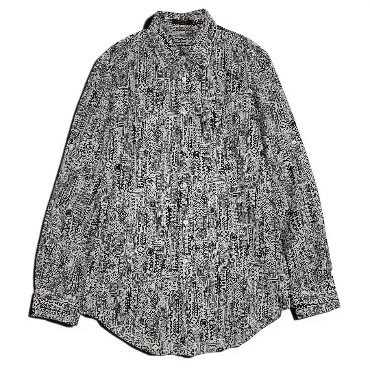 23e14 LOUIS VUITTON ルイヴィトン 長袖コットンシャツ  総柄 イタリア製 Mサイズ ホワイト ブラック コットン100％ メンズ 男性用u02t