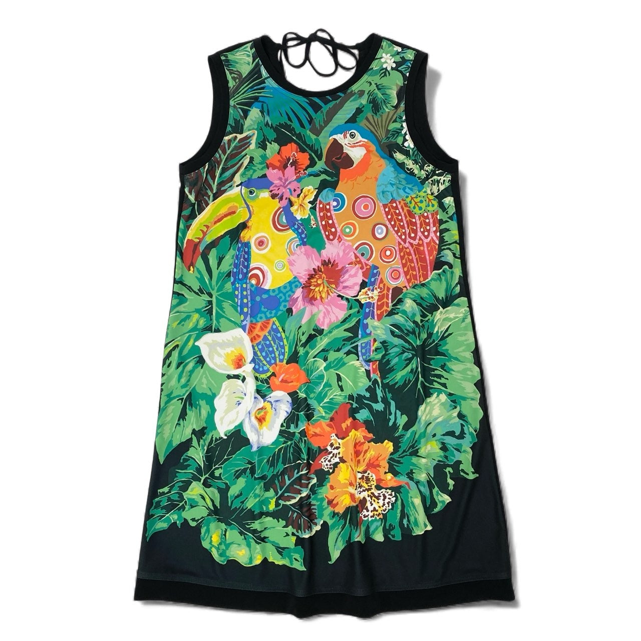 26k27 《美品》 TOKUKO 1er VOL トクコプルミエヴォル ノースリーブワンピース ボタニカル柄 鳥 花柄プリント レディース 女性用 9 ブラック マルチカラー ポリエステル100％u02t