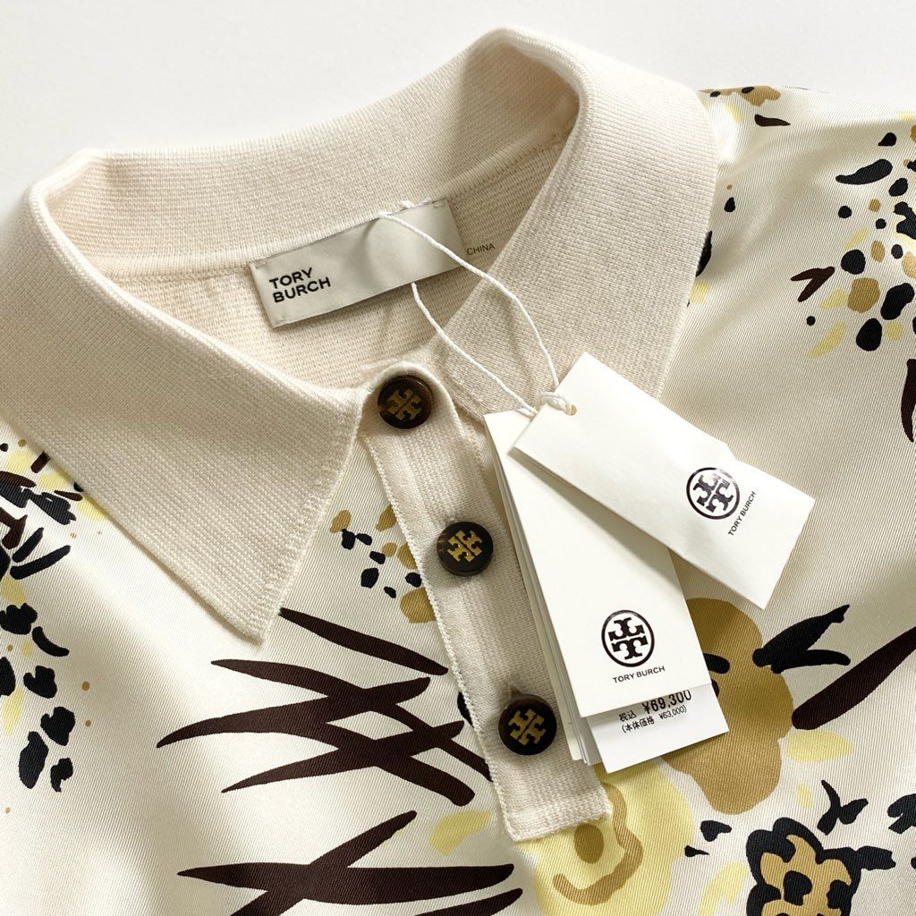 7e3 【タグ付き】定価69,300円 TORY BURCH トリーバーチ シルクプリント 切替ニットワンピース 半袖ワンピース M アイボリー レディース