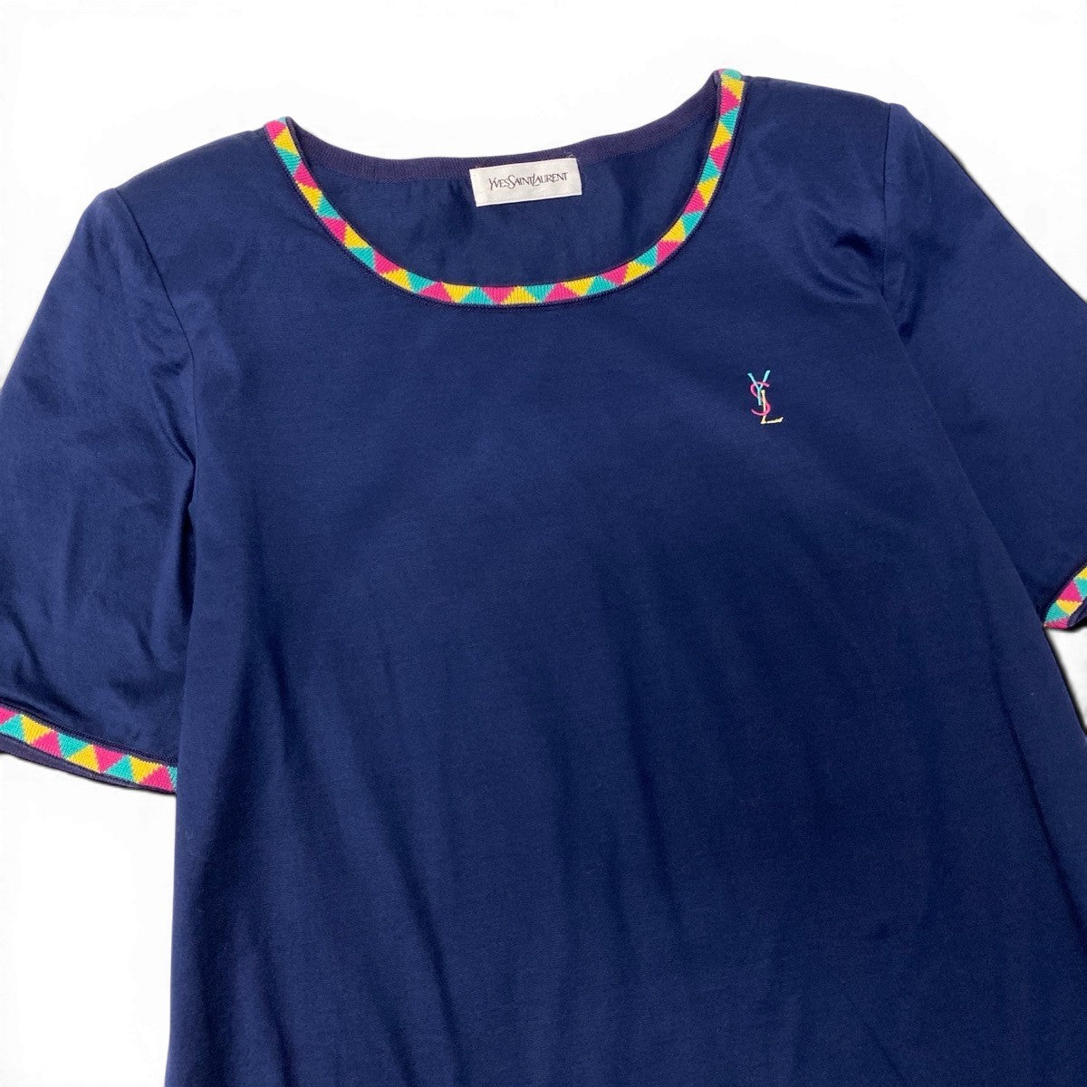 If11 Yves Saint Laurent イヴサンローラン YSLロゴ刺繍 Tシャツ 半袖カットソー トップス Mサイズ ネイビー  コットン レディースo07t