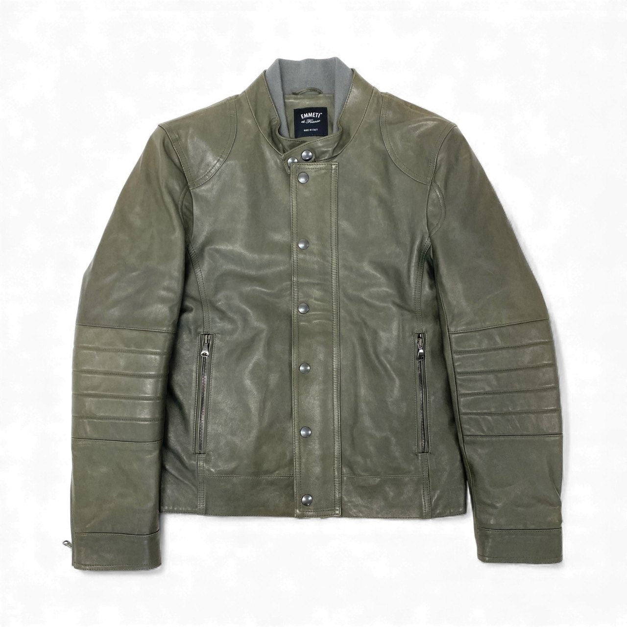 77L8 EMMETI di Franco エンメティ イタリア製 レザー ジャケット シングルライダースジャケット 重ね襟 本革 ラムスキン メンズ 紳士服 46 カーキu02t