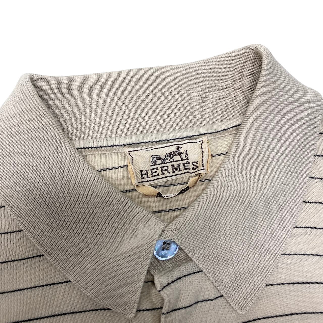 68g4 HERMES エルメス Hロゴ刺繡 半袖ポロシャツ ボーダー柄 サイズL ベージュ コットン100％ メンズ 紳士服o07t