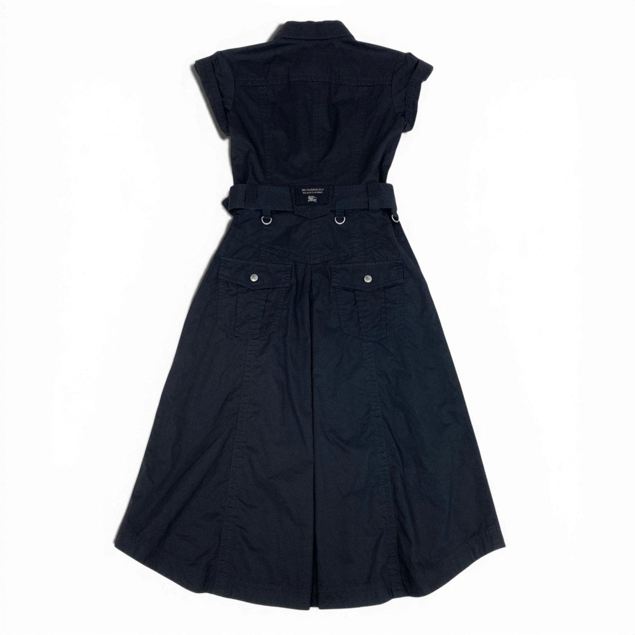 70b9 BURBERRY BLUE LABEL バーバリー ブルーレーベル Aライン ベルテッド ワンピース ノバチェック 半袖 ホースボタン 36 ネイビー レディースk02i