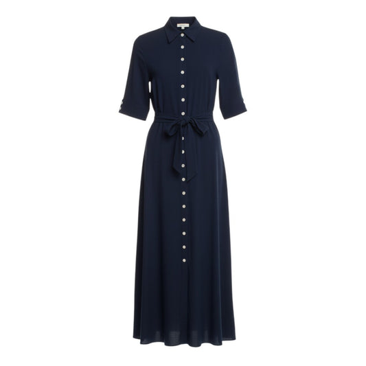 31b11 LAUREN RAIPH LAUREN ローレンラルフローレン 半袖ロングワンピース フレアワンピース ウエストリボン ロゴボタン Lサイズ ダークネイビー レディースo07t