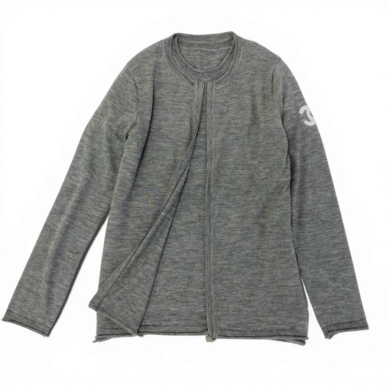 38a16 CHANEL SPORT シャネル スポーツ 2009年 スパンコール ココマーク カシミヤ100 薄手ニット カーディガン アンサンブル P36086 38 グレー レディース ニットta1