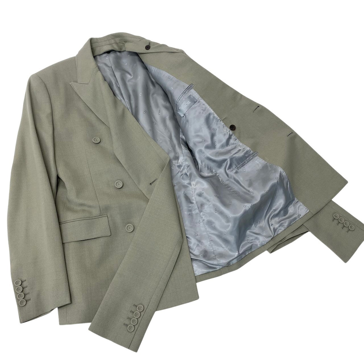 48j16【極美品】 DIOR HOMME ディオール オム ダブルブレスト テーラードジャケット スカーフ付 2way サイズ48 グリーン系 ウール100％ メンズu02t