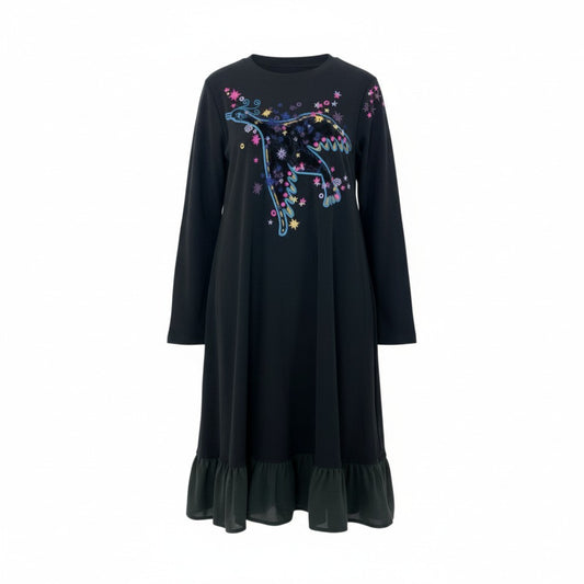 28k29《美品》 TOKUKO 1er VOL トクコプルミエヴォル 長袖 ロングワンピース 裾フリル 鳥 刺繍 ストレッチ○ レディース 女性用 9 ブラックu02t