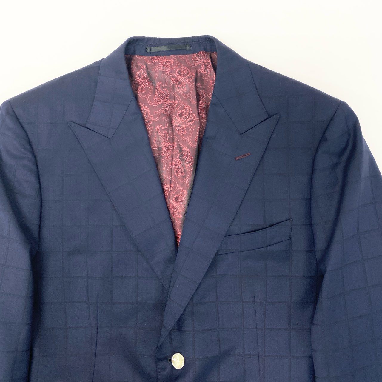 19k27 GINZA Global Style 銀座グローバルスタイル SCABAL スキャバル生地使用○ セットアップスーツ シングル 2B チェック柄 裏地ペイズリー柄  ネイビー ウール100％u02t