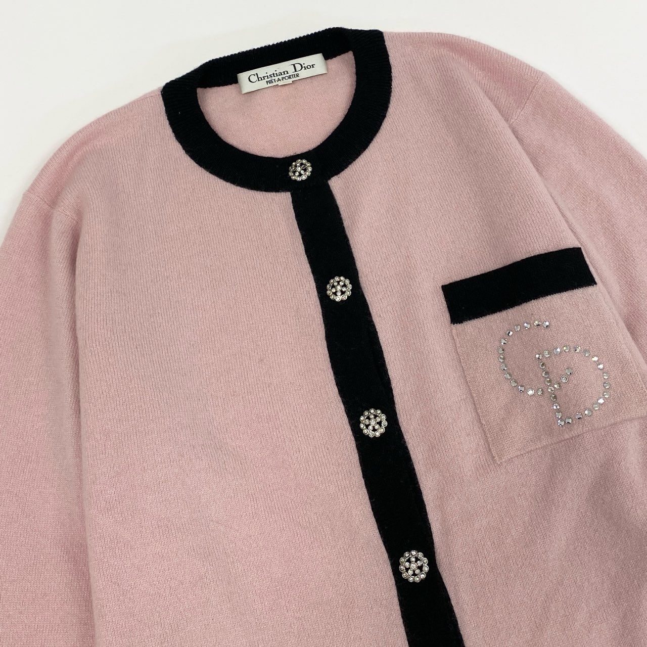 2L27 Vintage Christian Dior ヴィンテージ クリスチャンディオール Cashmere100% カシミヤニット Rhinestone Logo Knit Cardigan カーディガン レディース 女性用k02i