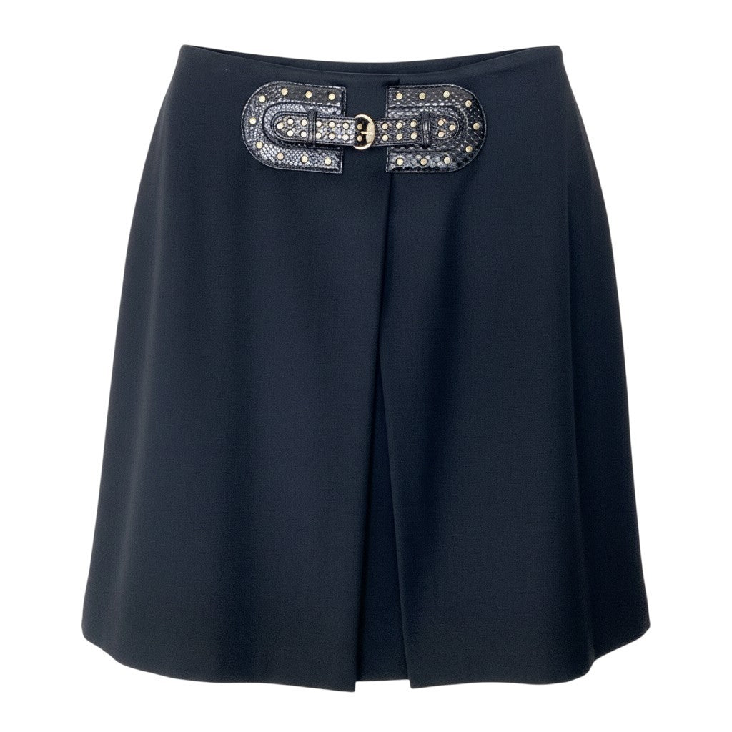 If12 GUCCI グッチ スタッズ装飾 レザーベルト 膝丈スカート ストレッチ 165667 サイズ46 ブラック レディース 女性用t18r