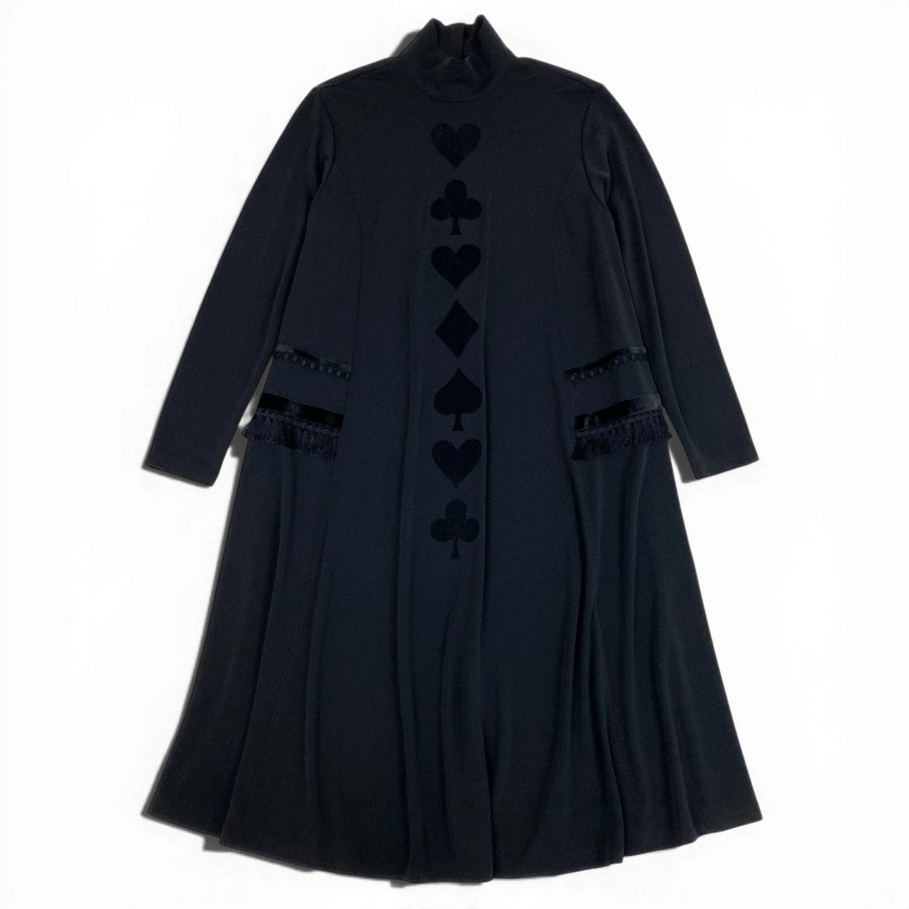 51b27 【美品】 TOKUKO 1er VOL トクコプルミエヴォル ハイネック ロングワンピース ロングスリーブ トランプ柄 フリンジ装飾 レディース 女性服 サイズ9 ブラックu02t