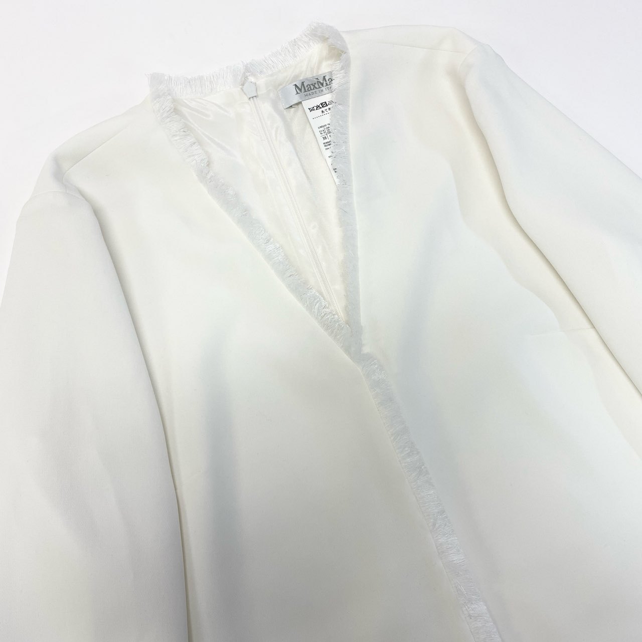 59a21【新品】Max Mara マックスマーラ フリンジデザイン 長袖ワンピース バックジップ サイズ40 ホワイト レディース 女性用 トップスk02i