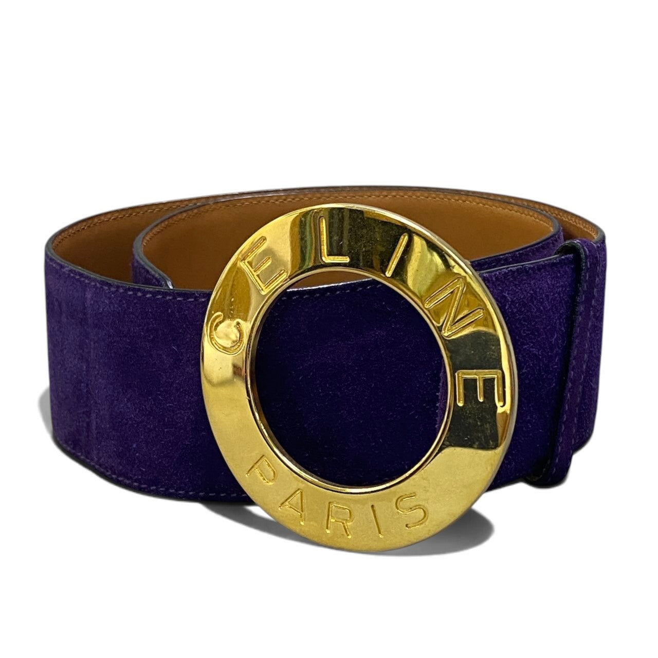 h29 CELINE セリーヌ サークルロゴ スエードレザー ベルト Vintage Circle Logo Suede Leather Belt Purplet18r