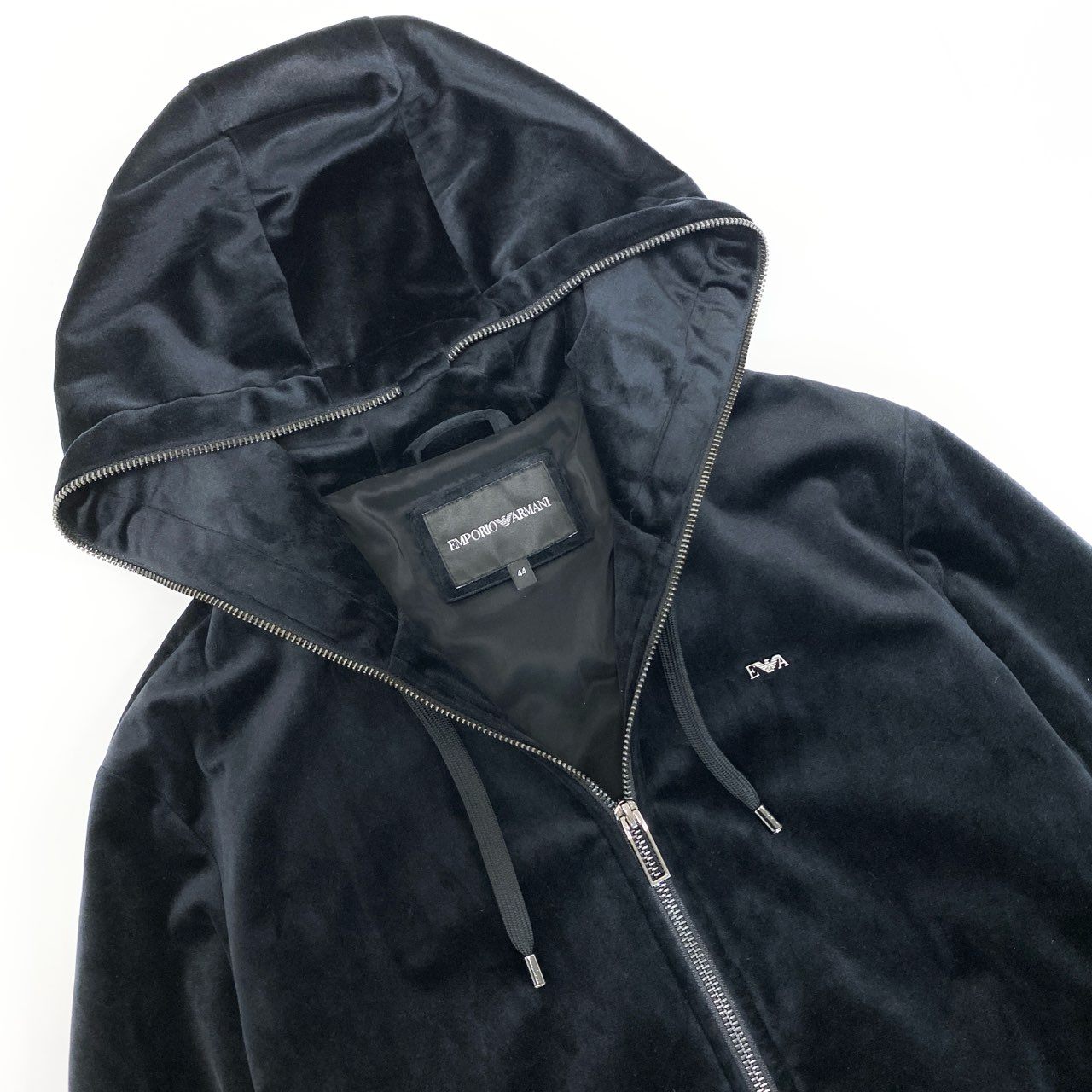66k11 EMPORIO ARMANI エンポリオアルマーニ ベロア素材 ダブルジップパーカー ベルベットパーカー サイズ44 ブラック メンズ トップスk02i