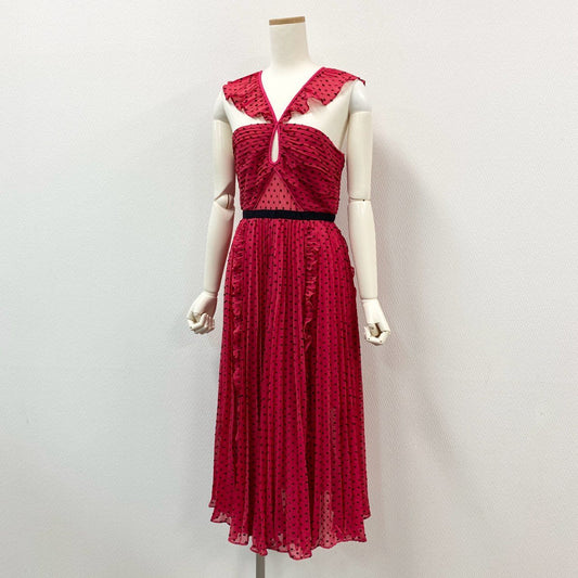67j6 《未使用タグ付き》 self-portrait セルフポートレイト プリーツワンピース ドレスワンピース 総柄 フリル 肩だし◎ ロング丈 UK8 ピンク ブラックu02t