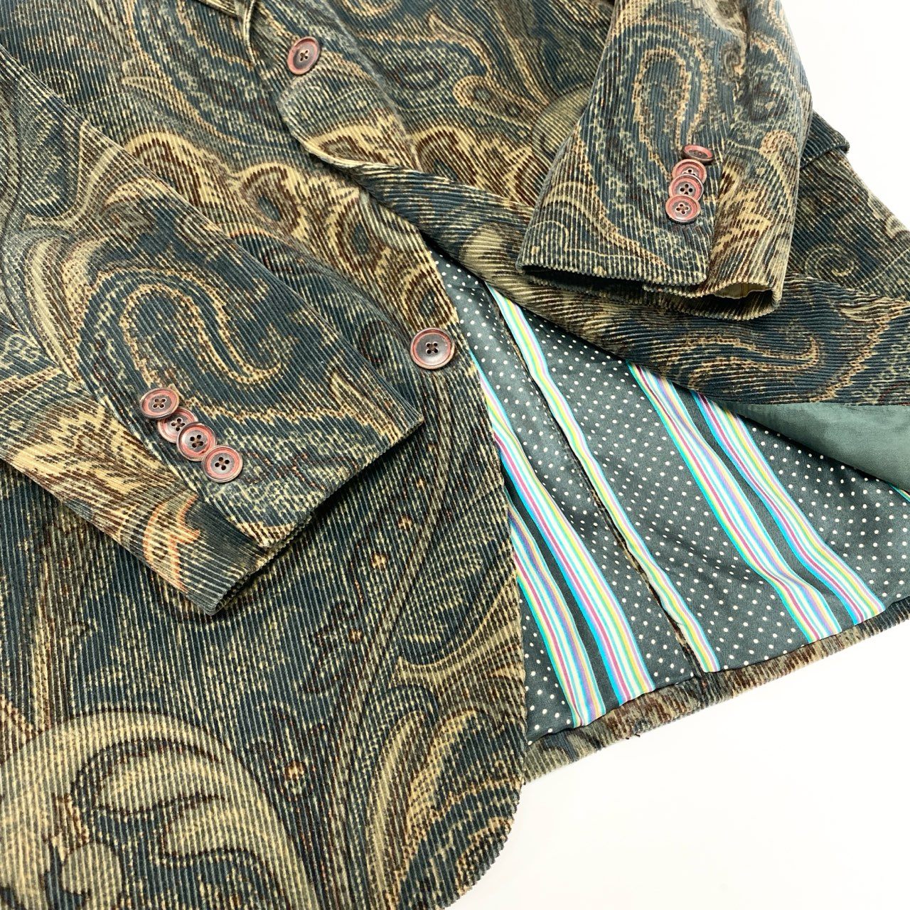 30K18 ETRO エトロ イタリア製 テーラードジャケット コーデュロイジャケット ペイズリー柄 裏地総柄 メンズ 紳士服 48 ダークグリーン系u02t