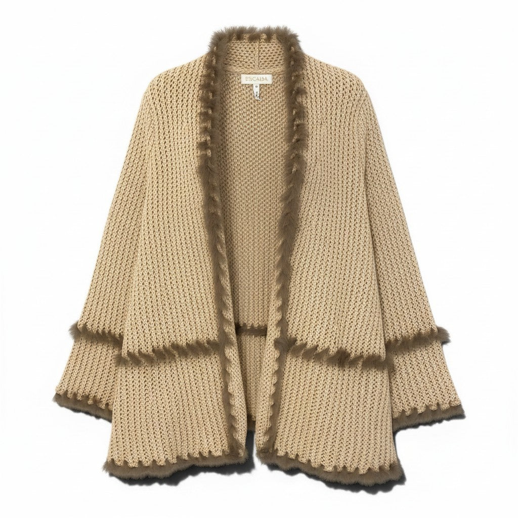 65e7 ESCADA エスカーダ ローゲージ ニットカーディガン ロングカーディガン イタリア製 サイズ38 ベージュ系 カシミヤ シルク レディース 女性服u02t