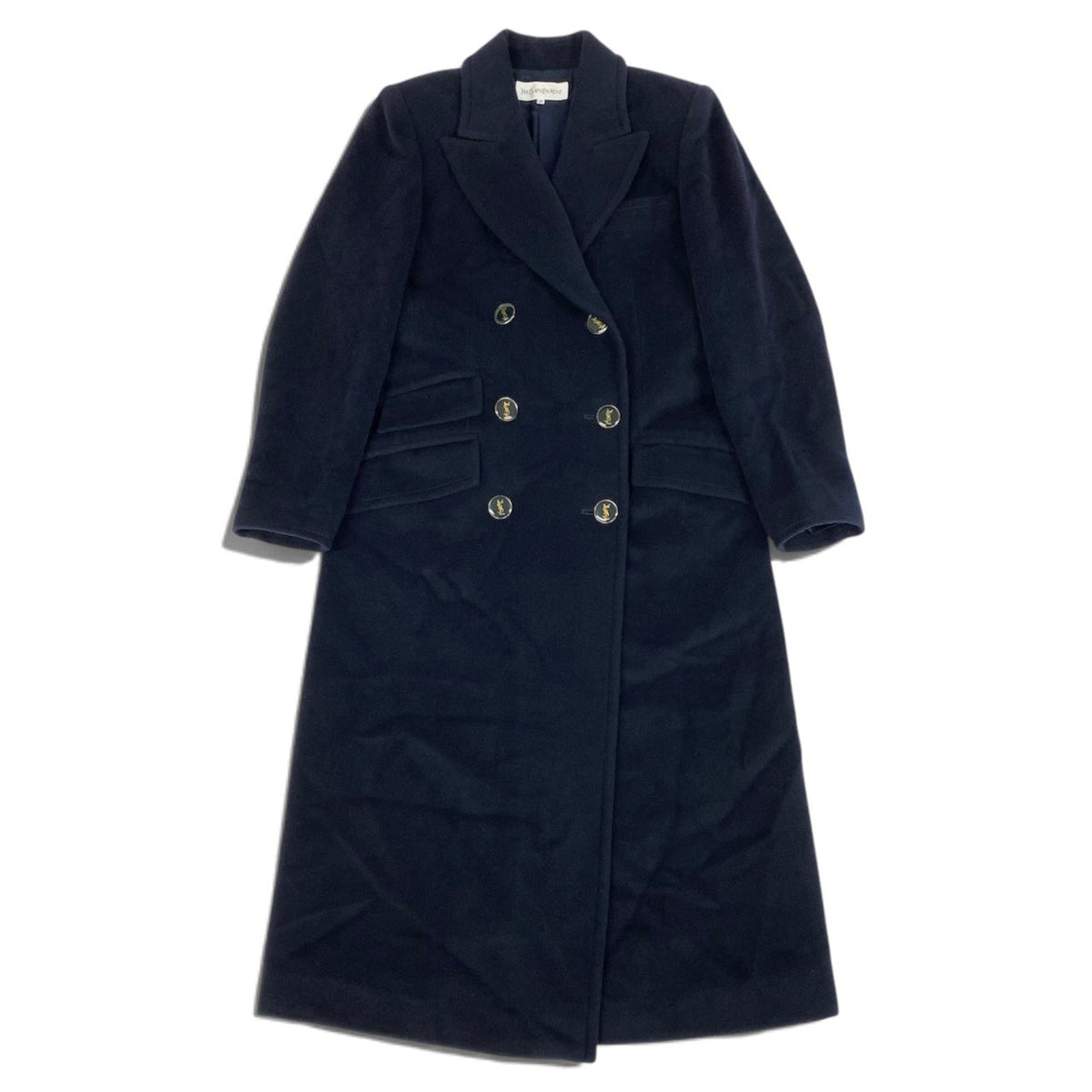 i19 YVES SAINT LAURENT ダブルブレストチェスターコート YSLロゴボタン ロングコート 36サイズ ダークネイビー ウール100％ レディース 女性用u02t