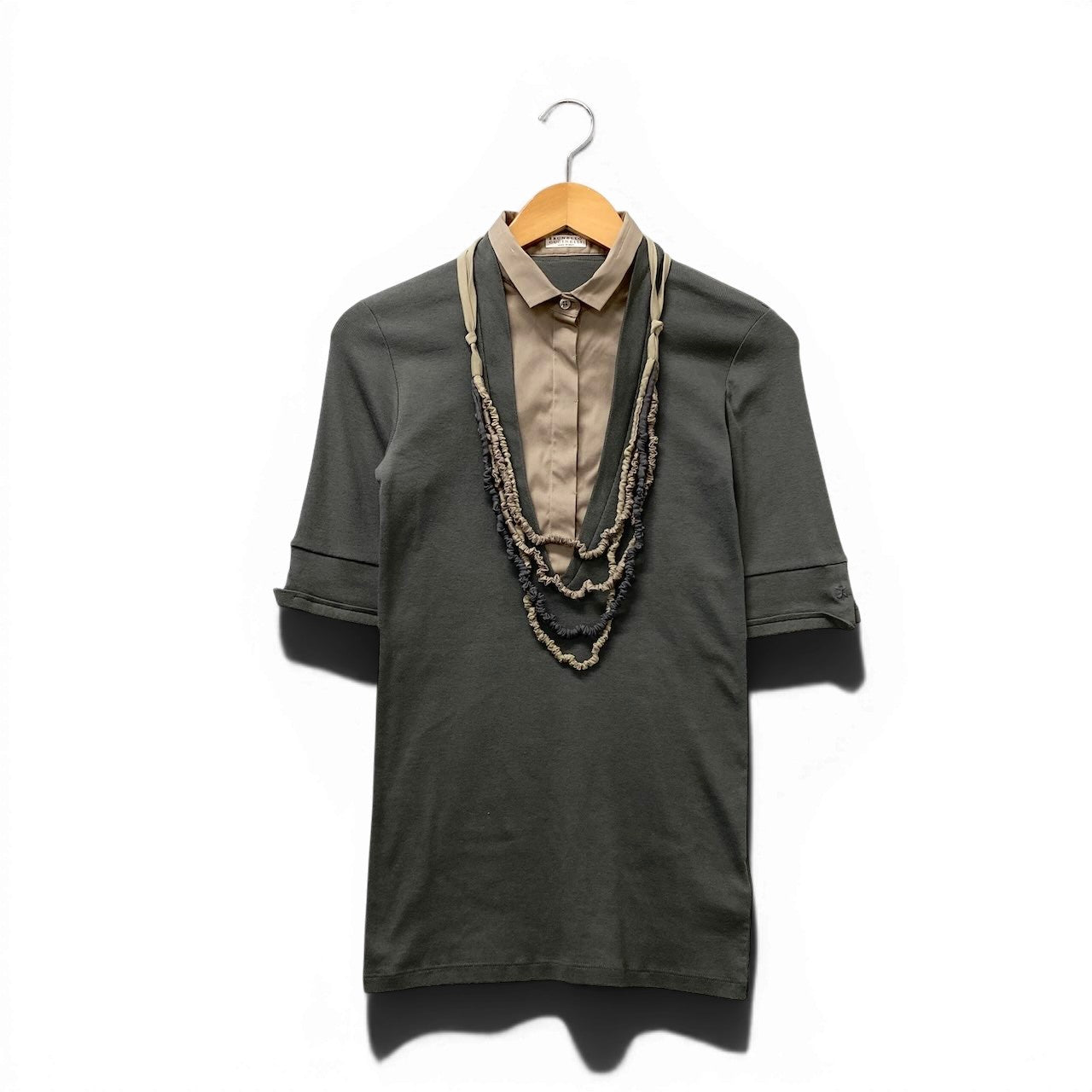 59f17 BRUNELLO CUCINELLI ブルネロクチネリ レイヤード風 ニットセーター 5分袖 サイズM グレー ベージュ レディース 女性服o07t