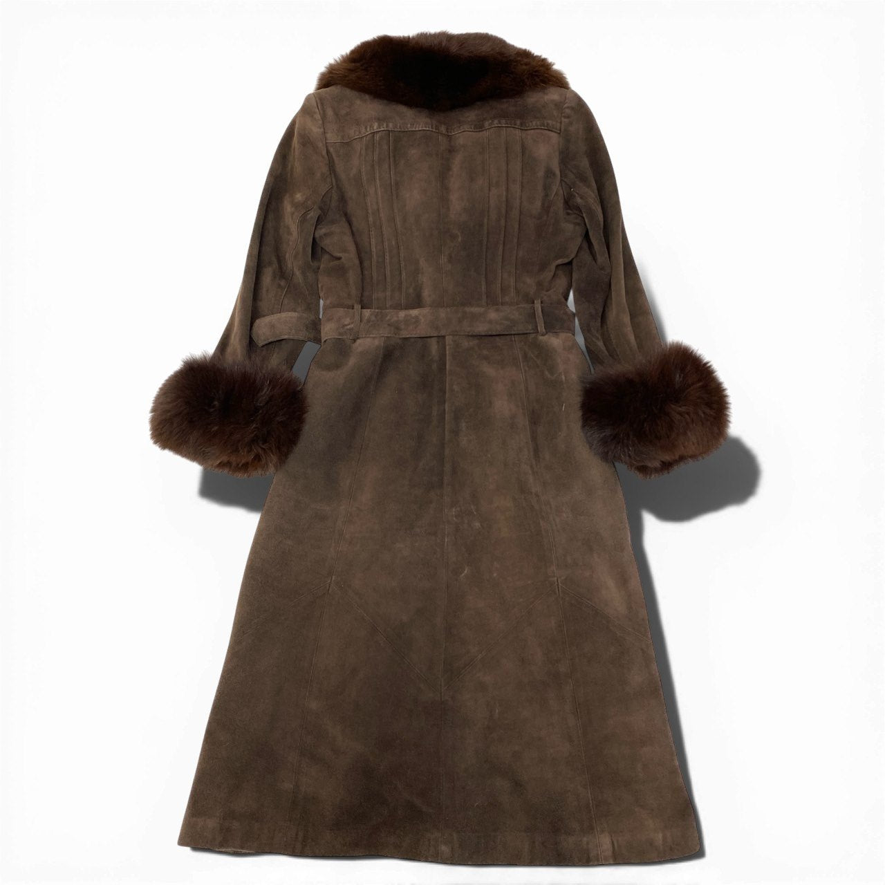 84a14 フォックスファー スエードレザー ベルテッドコート ロングコート ラムファー インナー ブラウン フォックス ラムファー 毛皮コートt18r