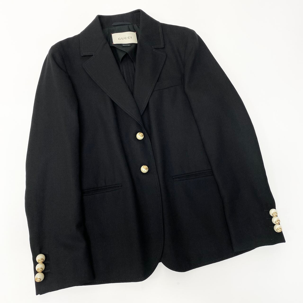 I GUCCI グッチ スカートセットアップ テーラードジャケット プリーツスカート  GGパールボタン イタリア製 40サイズ ブラック ウール100％ レディース 女性用nu1