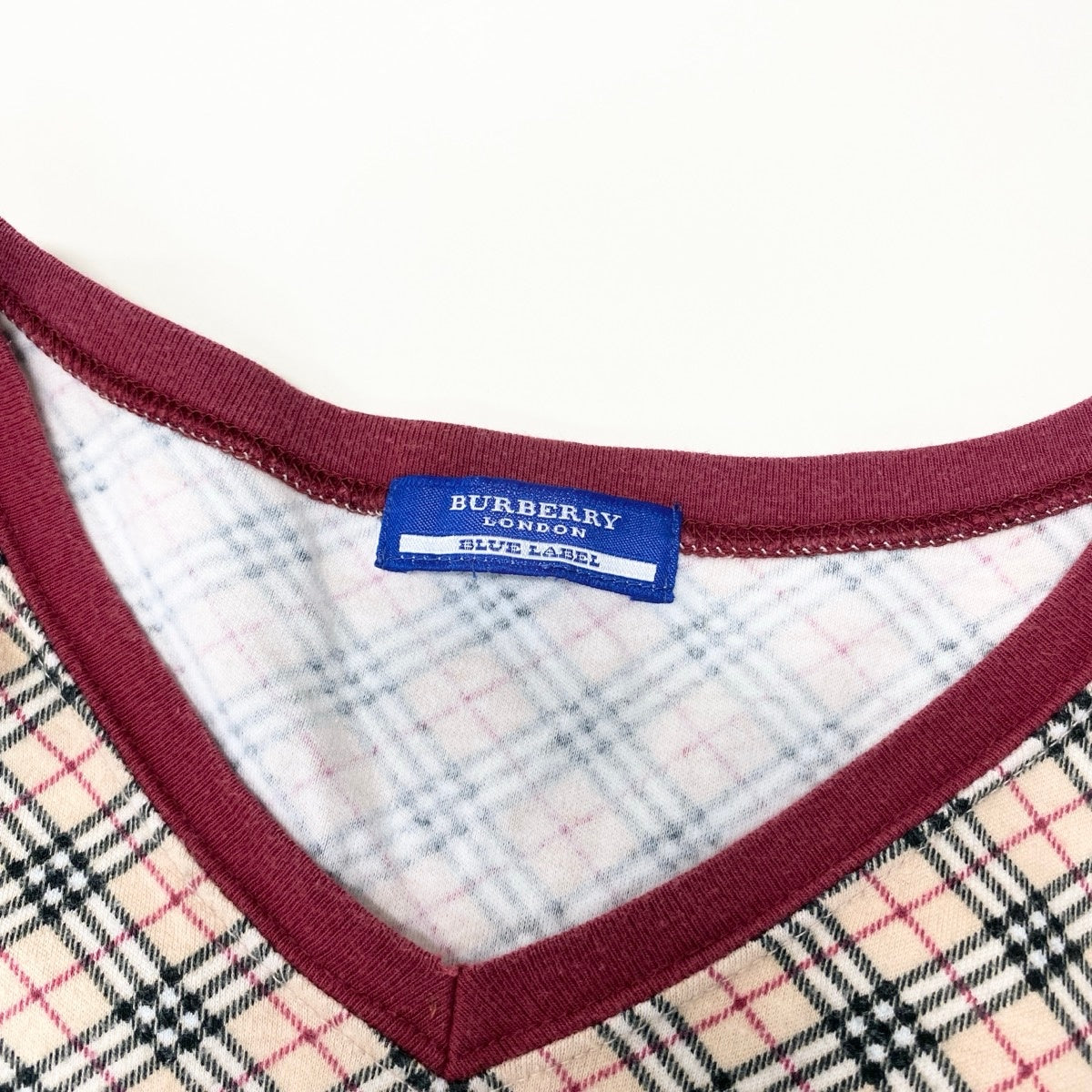 47f17 BURBERRY LONDON バーバリーロンドン ホース刺繍 ノバチェック Vネック 長袖Tシャツ カットソー トップス Mサイズ ベージュ コットン レディースo07t