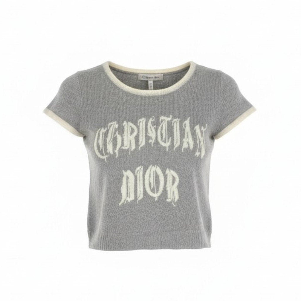 d7 Christian Dior クリスチャンディオール 2002 ガリアーノ期 ロゴ刺繡 半袖ニット セーター トップス 2A13055070 36 グレー レディースu02t